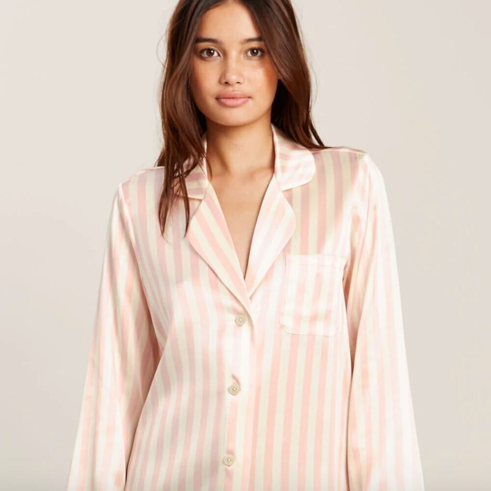 Like new Morgan Lane Jillian silk blend night shirt coral grey stripe silky S